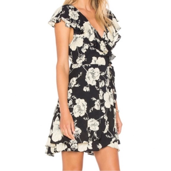 Free People French Quarter Print Wrap Flutter Sleeve Minidress, Black Onyx Combo - Picture 3 of 10